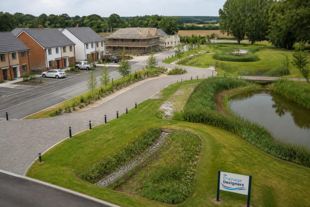 Aerial view of a residential development site showing permeable paving, vegetated swales, and detention basins integrated into the landscape with mature trees