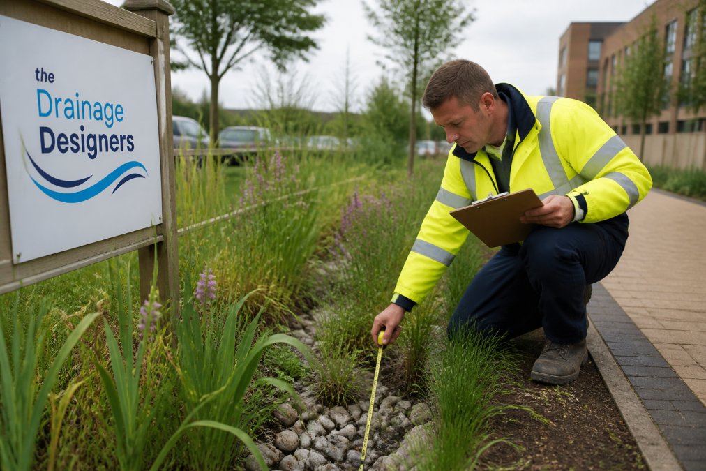 Close-up of a maintenance worker in high-visibility clothing inspecting a vegetated swale with a clipboard and measuring tape, surrounded by planted vegetation and drainage stone