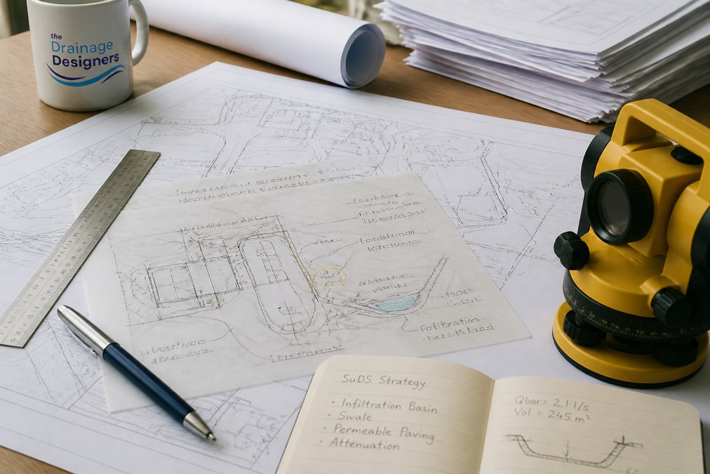 Close-up of a site plan and drainage design sketches spread across a desk with surveying tools, measurements, and technical notes visible in natural office lighting