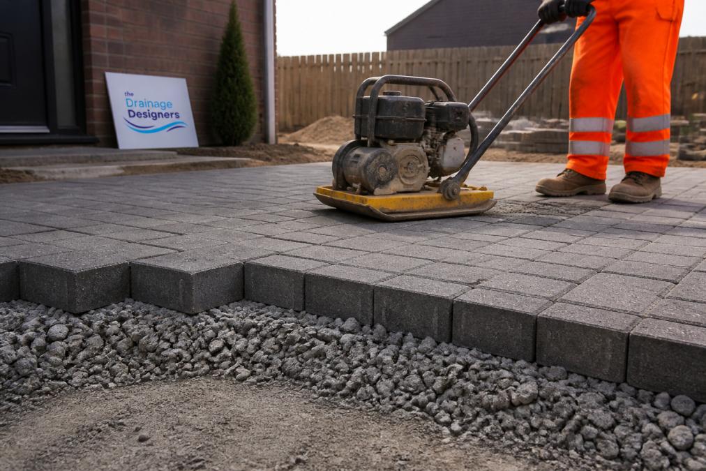 Close-up view of permeable block paving being installed on a residential driveway, showing layers of clean aggregate beneath the blocks and a workman compacting the surface