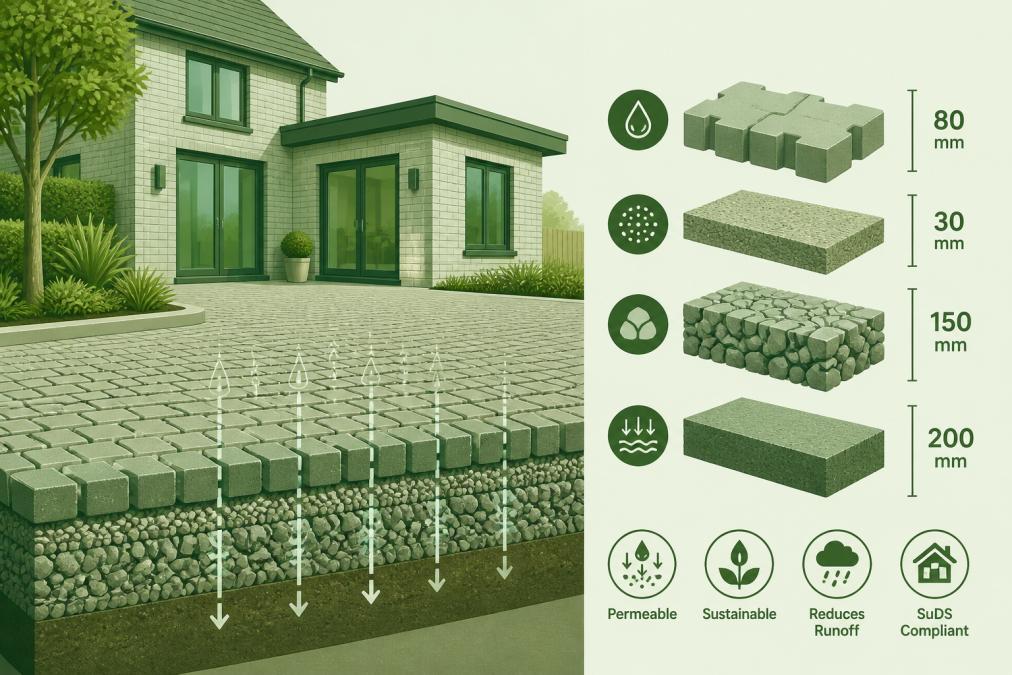 Modern residential driveway with permeable block paving installed, showing water draining through the surface into gravel base layer, with brick-built house extension visible in background under natural daylight