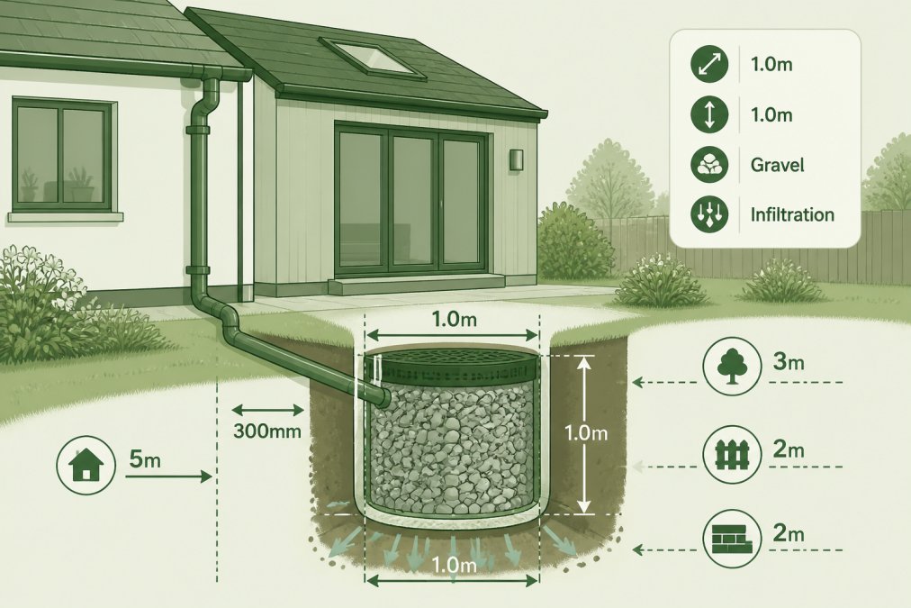 Residential property under construction showing soakaway installation site with gravel-filled pit beside house extension, drainage pipes visible connecting from roof gutters, landscaped garden setting with measurement markers