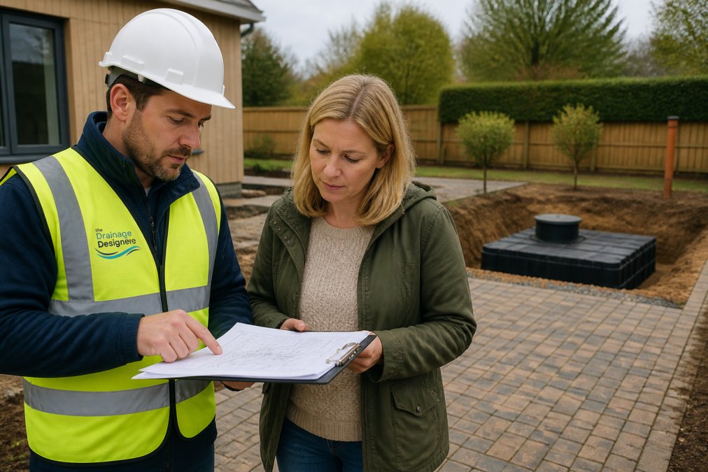 A civil engineer and a homeowner reviewing drainage plans on a clipboard at a residential construction site, with permeable paving and a small attenuation tank visible in the background