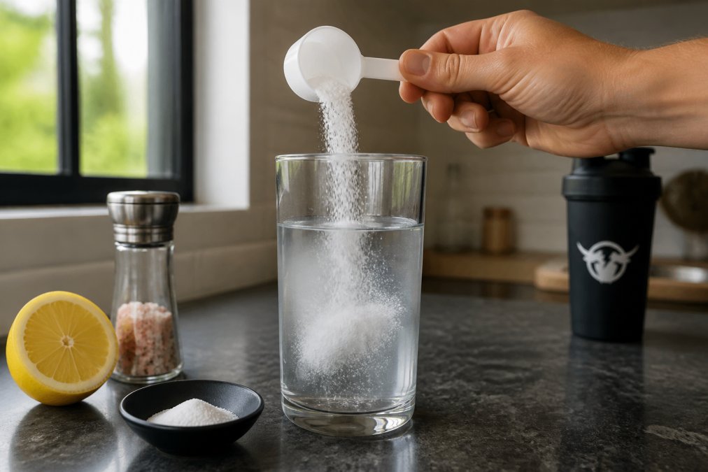 Close-up of a hand pouring white electrolyte powder from a scoop into a glass of water on a kitchen counter, with a cut lemon and sea salt grinder nearby in natural daylight