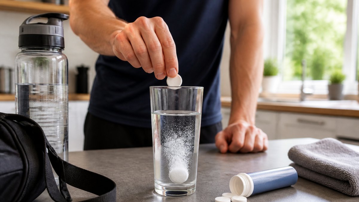 Person dropping an effervescent tablet into a glass of water on a kitchen counter with gym gear nearby