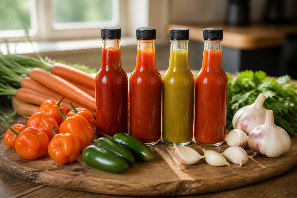 Four glass bottles of hot sauce in varying shades of red and green arranged on a wooden cutting board with fresh habanero peppers, carrots, jalapeños, and garlic cloves scattered around them, natural window light highlighting the vibrant colors and textures
