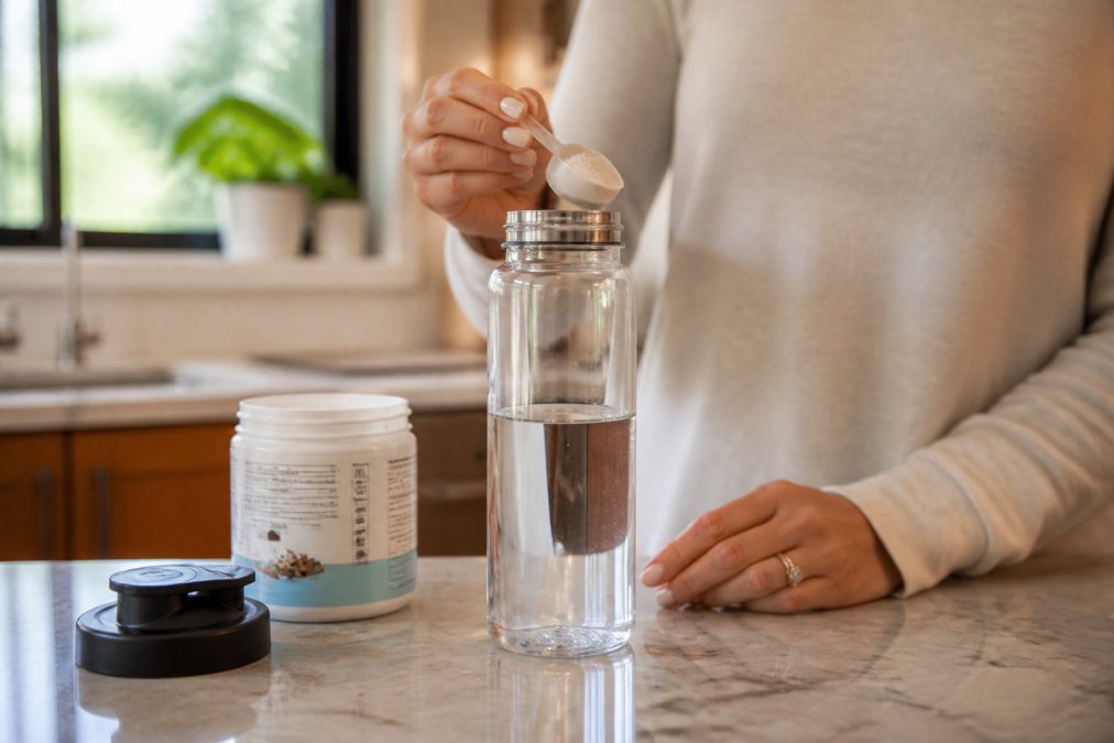 Close-up of hands holding a hydration powder scoop over a glass water bottle on a kitchen counter, with the product label partially visible in soft natural light
