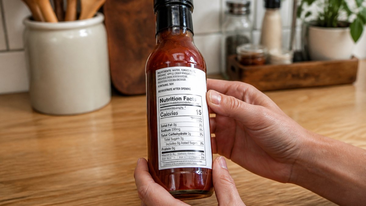 Close-up of hands holding a glass sauce bottle with ingredient list and nutrition facts label clearly visible under natural kitchen lighting, showing fine print details