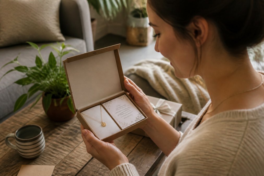 Woman opening a beautifully wrapped necklace gift box with a custom message card visible inside, warm lighting emphasizing the sentimental moment