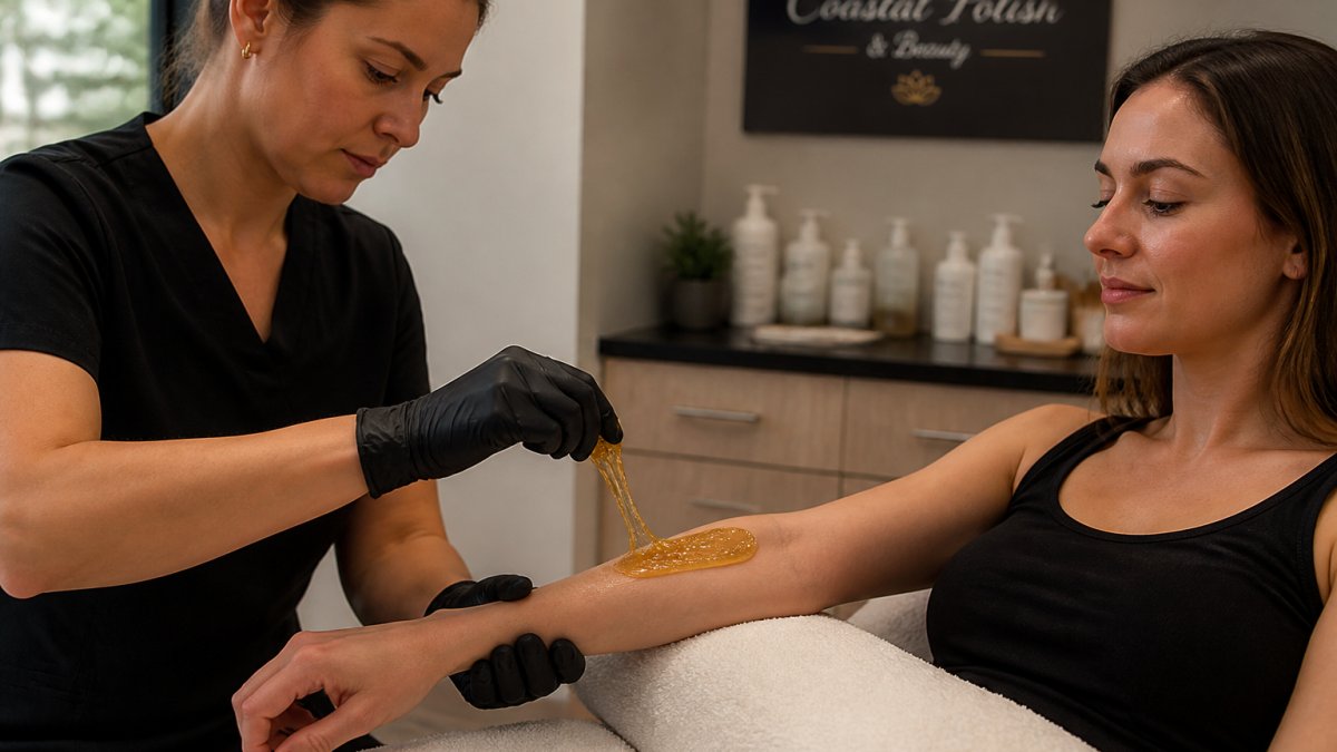Professional aesthetician applying sugar paste to client's arm in spa setting with soft natural lighting, showing the golden-amber color of the paste against skin