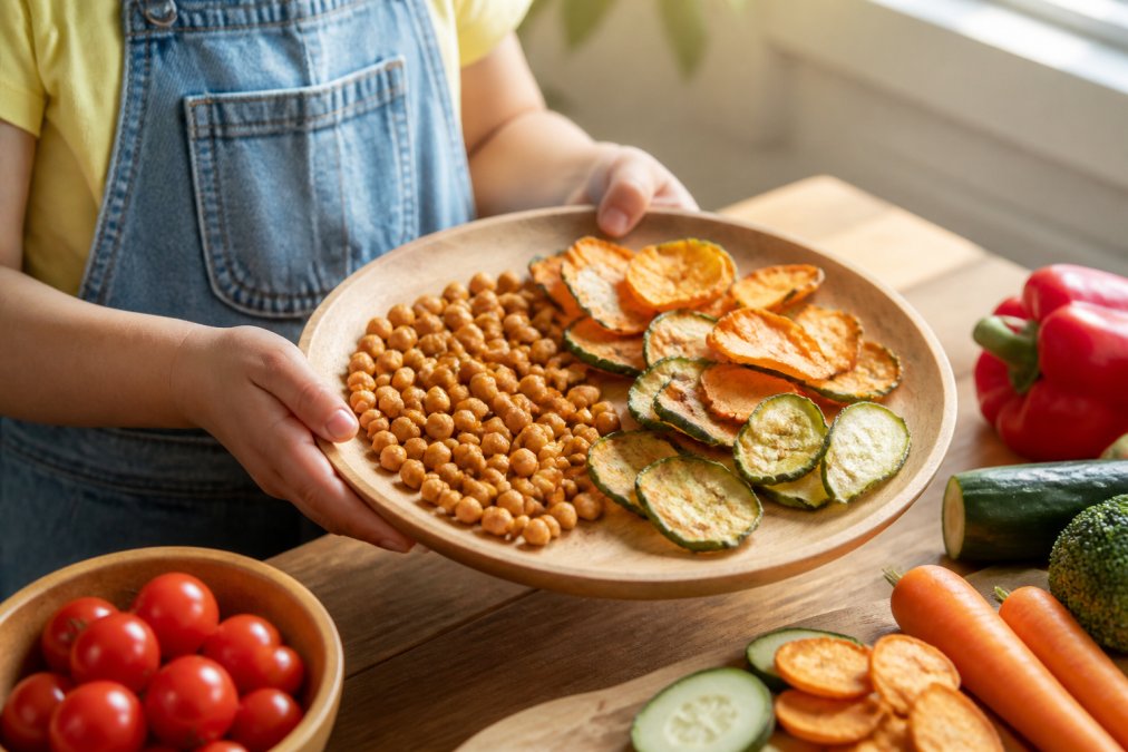 Child holding crunchy roasted chickpeas and vegetable crisps as sugary snack alternatives sensory-friendly treats.