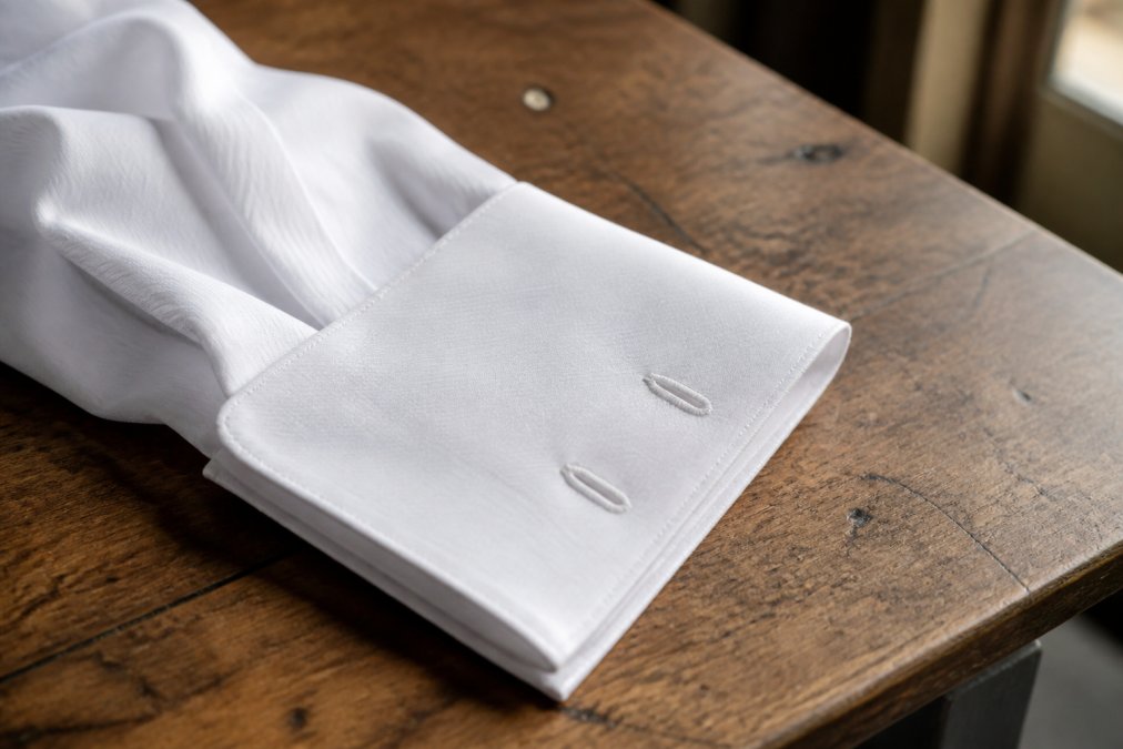 Diagram detailing the anatomy of a French cuff on a crisp white shirt worn with a suit with cufflinks.