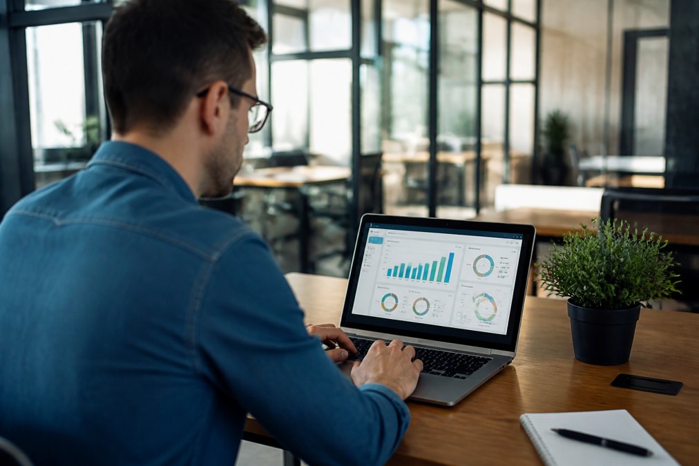 Un responsable de formation consultant un tableau de bord analytique sur son ordinateur portable, montrant des graphiques de progression des apprenants avec des courbes montantes et des indicateurs colorés dans un environnement de bureau moderne bien éclairé
