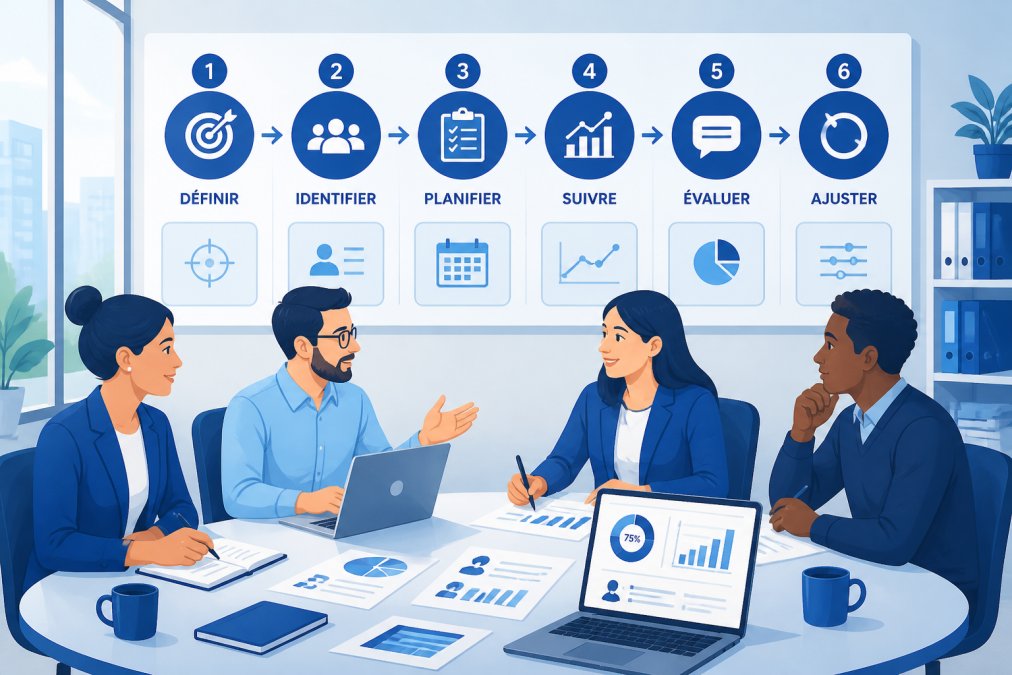 Une équipe pédagogique en réunion autour d'une table, discutant de stratégies de formation avec des documents, des diagrammes et un ordinateur portable visible, dans un environnement de bureau collaboratif avec lumière naturelle