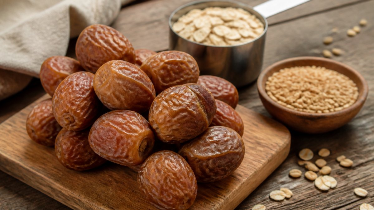Close-up of fresh Sukkari dates arranged on a wooden surface with a measuring cup and whole grains nearby, showing the soft, caramel-colored texture and natural appearance