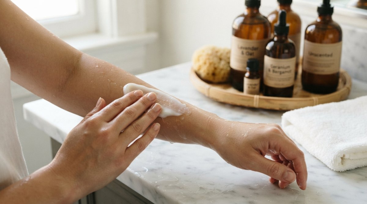 Close-up of hands applying gentle body wash to arm, with natural ingredients and essential oil bottles visible on a marble bathroom counter