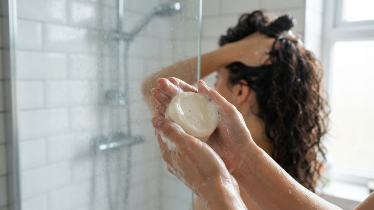 Hands holding a solid shampoo bar and rubbing it between palms to create a rich creamy lather, with thick wet hair visible in the background of a bright bathroom