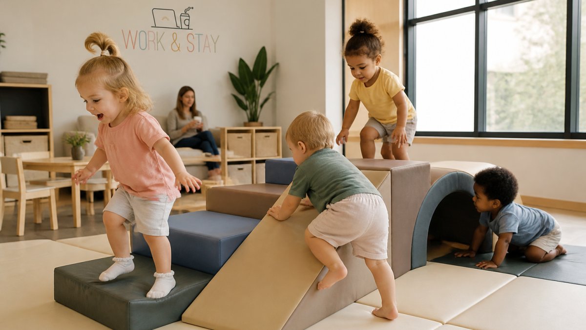Young toddlers in colorful clothing playing on soft play structures, climbing ramps, and padded equipment in a bright, clean indoor play area with natural lighting and safety mats