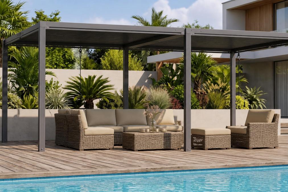 Close-up of aluminum pergola frame with synthetic wicker seating area in a sunlit backyard, showing material textures and weather-resistant surfaces with natural outdoor lighting