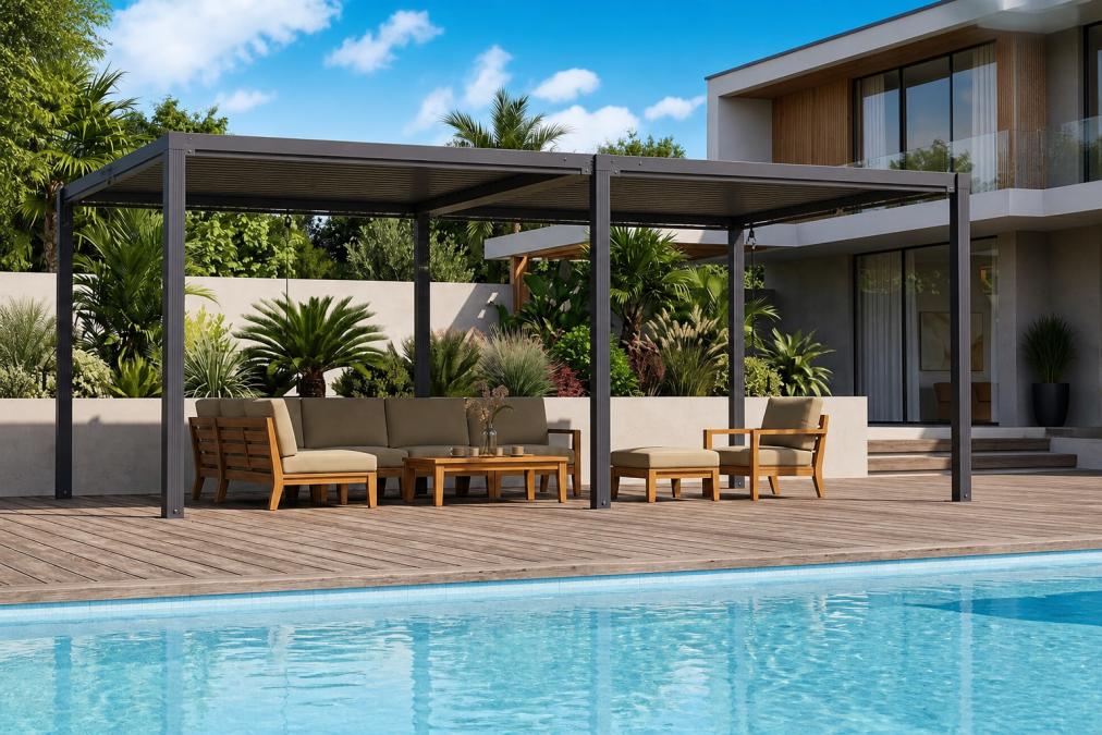 Outdoor patio furniture set arranged in a sunny backyard with clear visibility of how pieces are positioned and protected from elements, showing both shaded and exposed areas