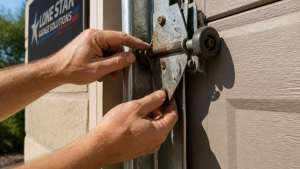 Homeowner's hands inspecting garage door hinges and rollers up close, checking for rust and wear on metal hardware in afternoon sunlight