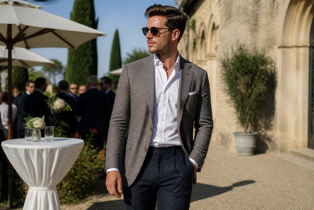 Professional man wearing a patterned slim-fit blazer with dress trousers and crisp white shirt at a summer outdoor formal event, standing confidently in natural daylight with soft shadows