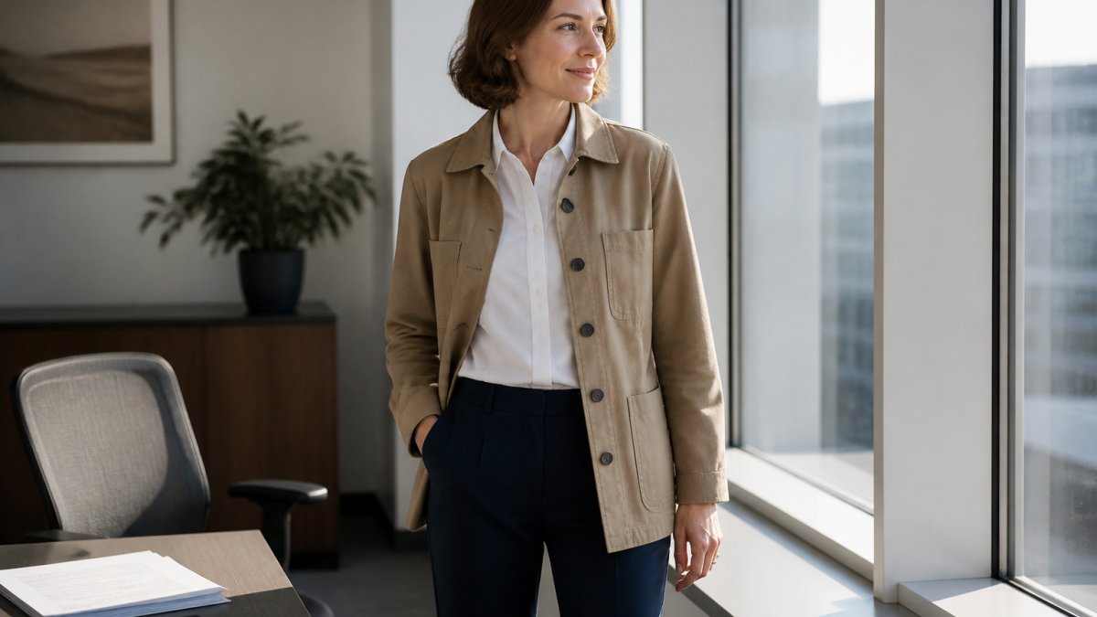Professional woman in a tan chore jacket and navy trousers standing by a sunlit office window
