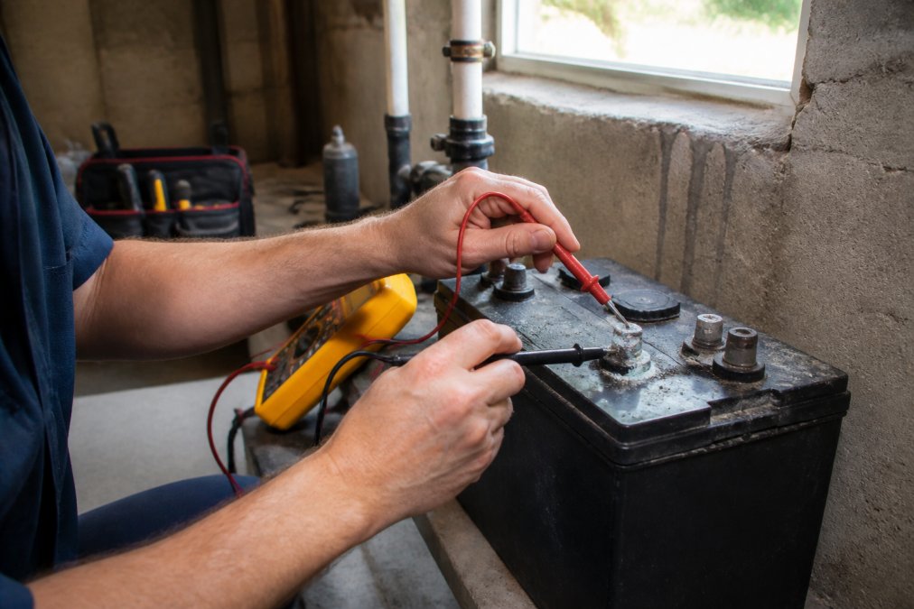 Hands using a digital multimeter to test battery terminals on a sump pump battery in a basement setting, with corrosion visible on the metal connections and natural light from a basement window