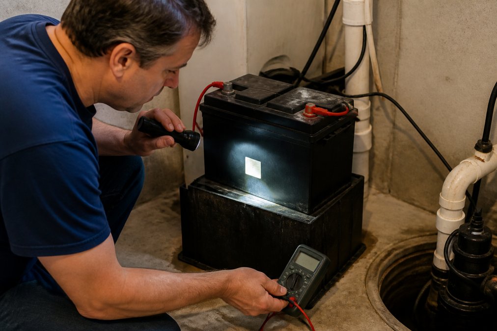 Homeowner in a basement checking the label on a sump pump battery with a flashlight, examining the date code and terminal connections with a multimeter visible nearby