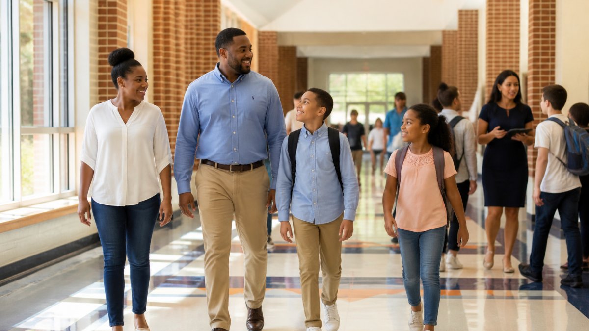 A family walks through a bright hallway at one of the Sumter school districts while students and teachers interact.