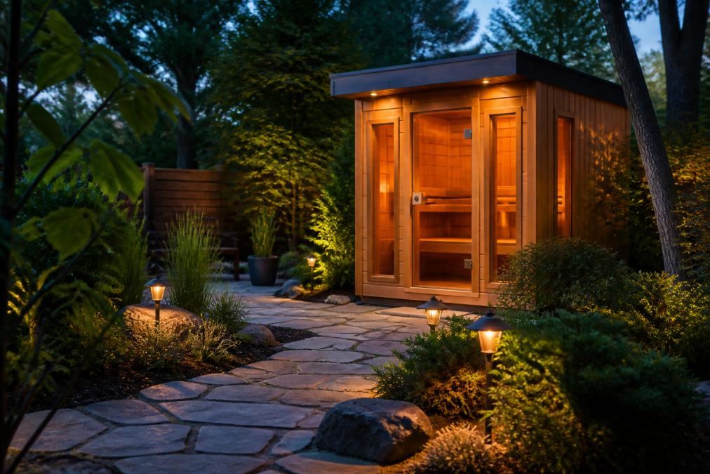 A serene backyard oasis at dusk featuring a modern wooden sauna cabin with warm light glowing from its windows, surrounded by lush landscaping and a stone pathway