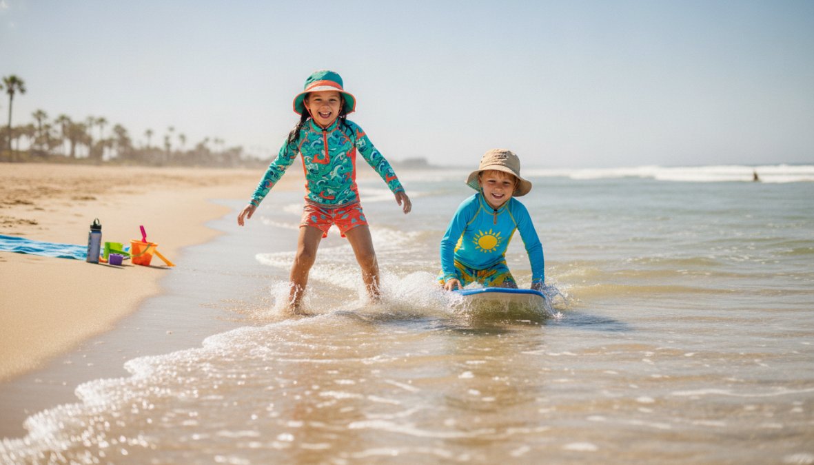 Active children wearing colorful UPF rash guards and swim shirts playing and laughing in a bright, sunny pool, splashing water and engaged in water activities