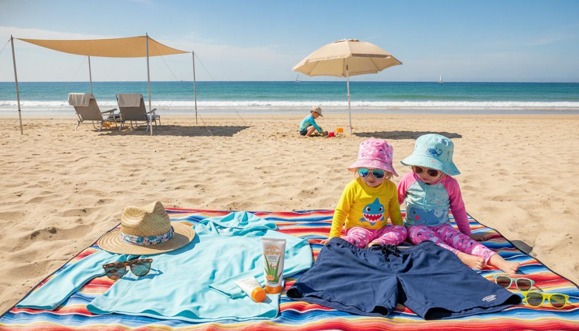 A family at the beach wearing colorful rash guards and hats, playing in shallow water with a beach canopy visible in the background