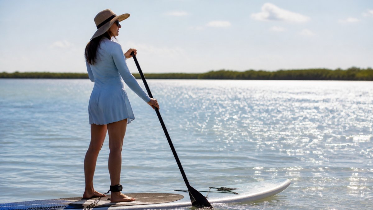 A woman paddleboarding on calm open water wearing a long-sleeve UPF 50+ swim dress and a protective hat, sunlight reflecting off the water surface