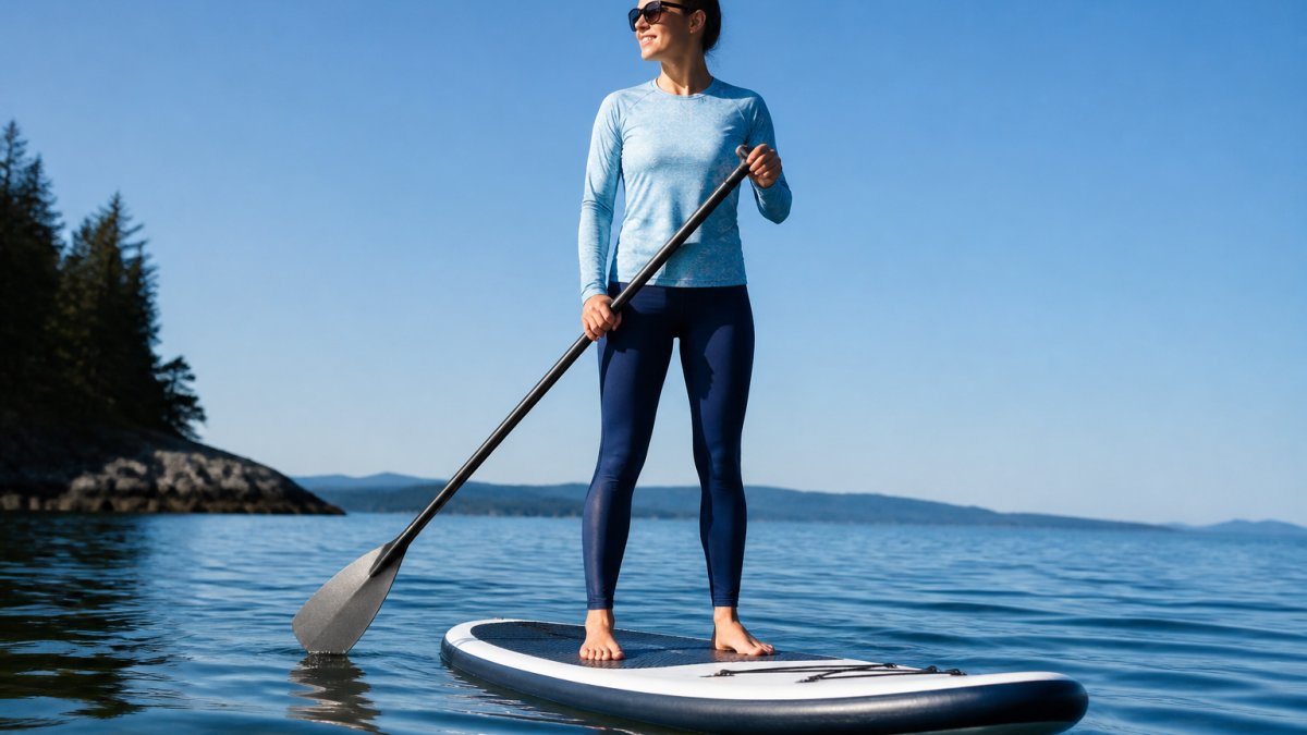 A woman paddleboarding on calm water wearing a long-sleeve rash guard and swim leggings, bright sunlight, clear sky, active water sports setting
