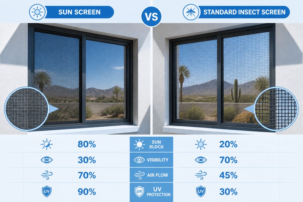 Side-by-side residential windows showing a solar screen on one side and standard insect screen on the other, with visible differences in mesh density and light transmission on a bright Arizona afternoon