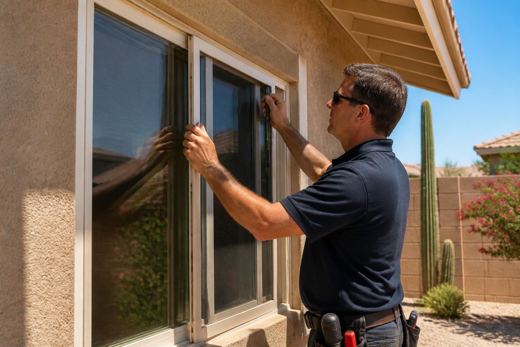 Professional installer measuring and fitting a custom screen frame to a residential window in bright Arizona sunlight, demonstrating proper installation technique with precision tools