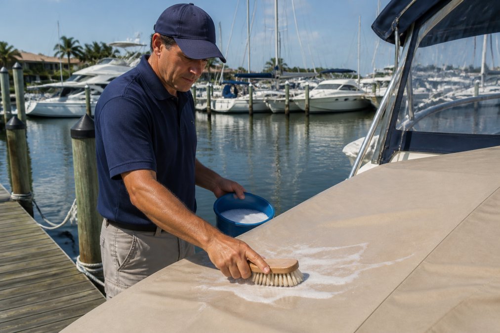 Boat owner gently cleaning a Sunbrella marine canvas cover to maintain sunbrella fabric durability on a sunny dock