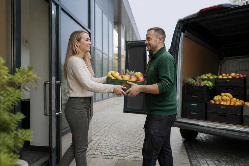En leverandørs servicebil ankommer til en kontorindgang, medarbejdere modtager friske frugtkasser, professionel og venlig service