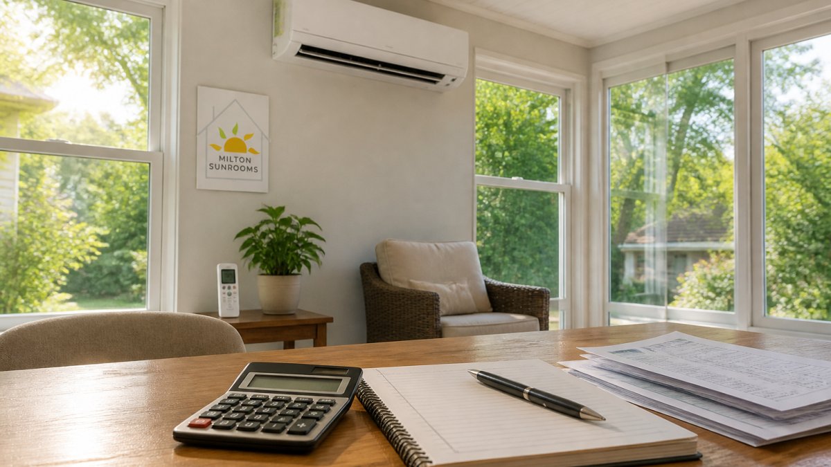 A wall-mounted ductless mini-split unit installed high on a sunroom wall, with a remote control on a nearby side table and bright natural light streaming through surrounding windows
