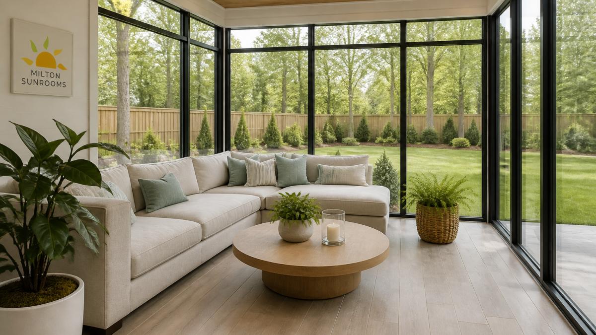 A bright modern sunroom with a low-profile sectional sofa in neutral fabric, a round wood coffee table, potted plants, and large windows showing a green backyard