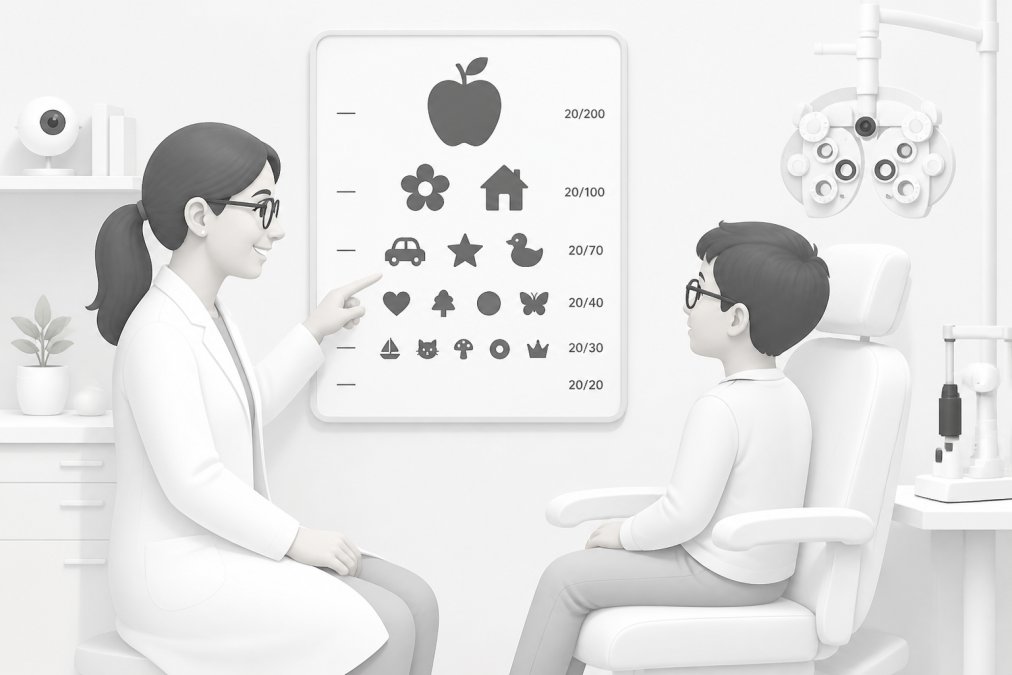 Pediatric optometrist showing a child a friendly visual acuity chart with colorful pictures and symbols while the child sits in an examination chair