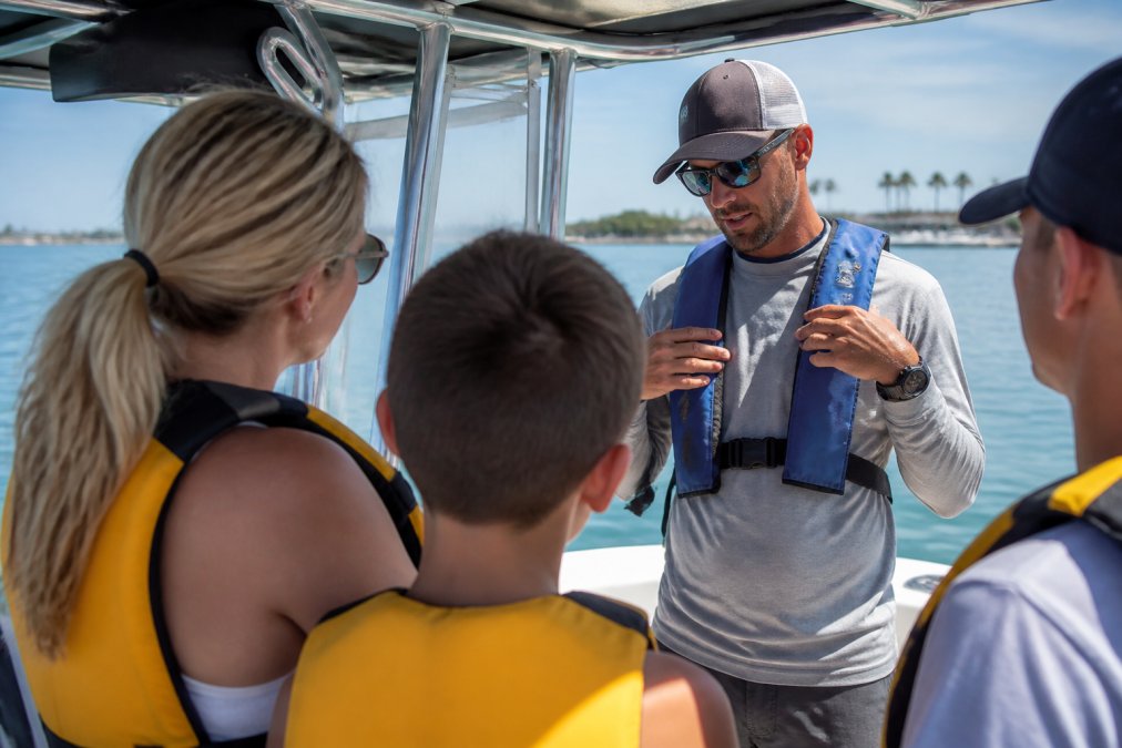 Close-up of boat captain demonstrating life jacket usage to a group of passengers before departure, showing proper fit and fastening, bright morning light on the water