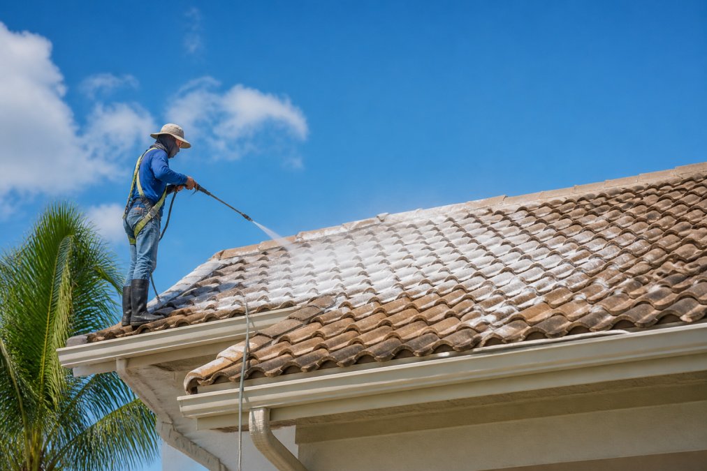 A professional technician in safety gear applying a low-pressure soft wash solution to a residential tile roof under bright South Florida sunlight, with the cleaning foam visible on the surface