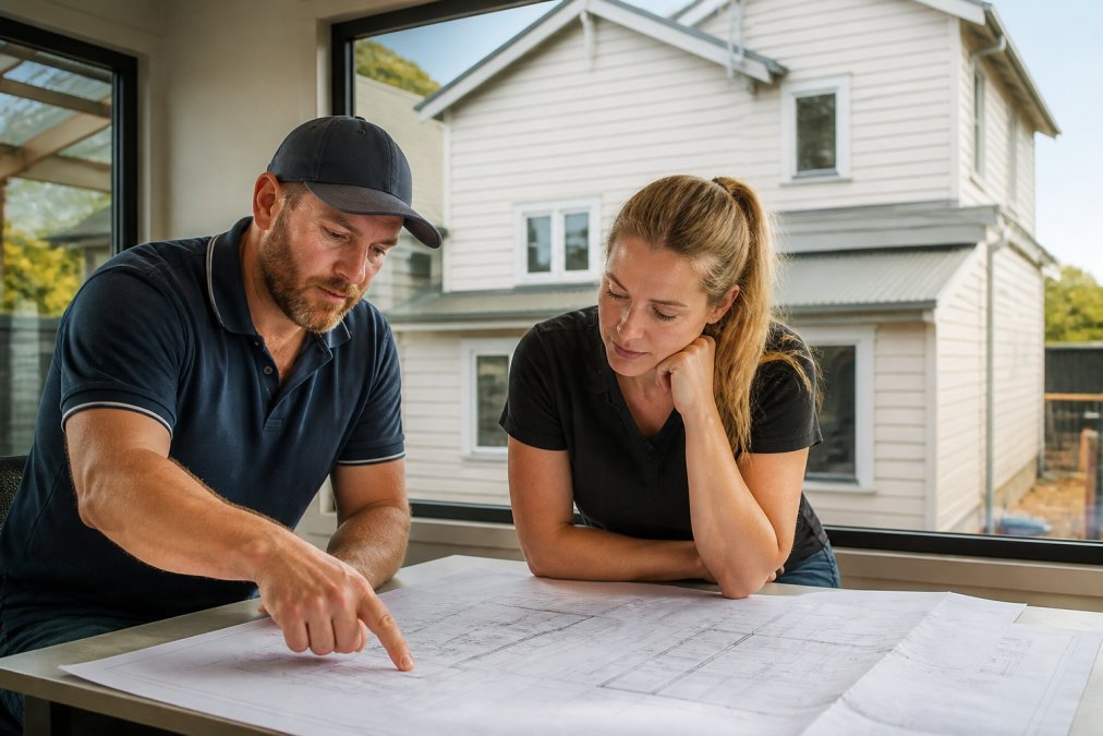 A builder and homeowner reviewing extension plans spread across a table at a residential site, with a weatherboard house visible through the window behind them in soft afternoon light