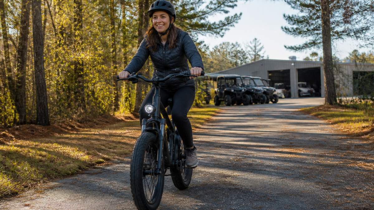 A person test riding an electric bike on a paved trail with trees in the background, wearing a helmet and smiling, with a shop building visible in the distance