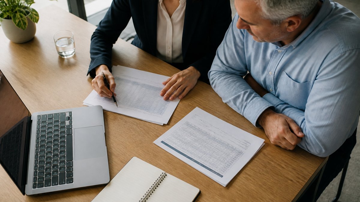 Financial adviser and client reviewing documents about contribution caps 2026 in a modern office