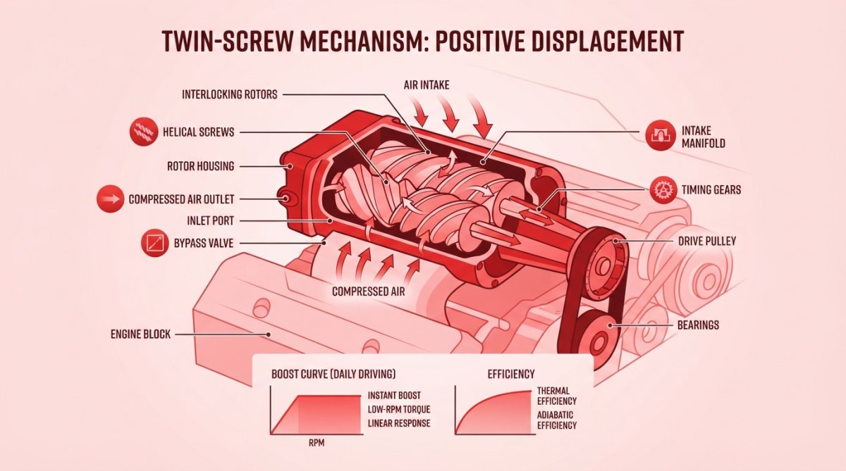 Close-up of a twin-screw supercharger mounted on an engine block, showing interlocking rotors and mechanical components in an engine bay with natural overhead lighting