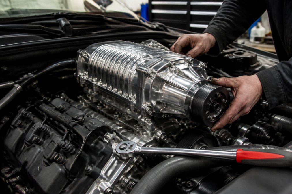 A mechanic's hands inspecting a polished twin-screw supercharger mounted on a V8 engine in a well-lit garage, with a torque wrench nearby