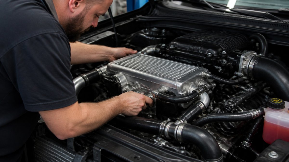 Professional mechanic installing a mid-mounted water-cooled intercooler and heat exchanger assembly on a supercharged V8 engine in a vehicle engine bay, with cooling hoses and radiator connections visible